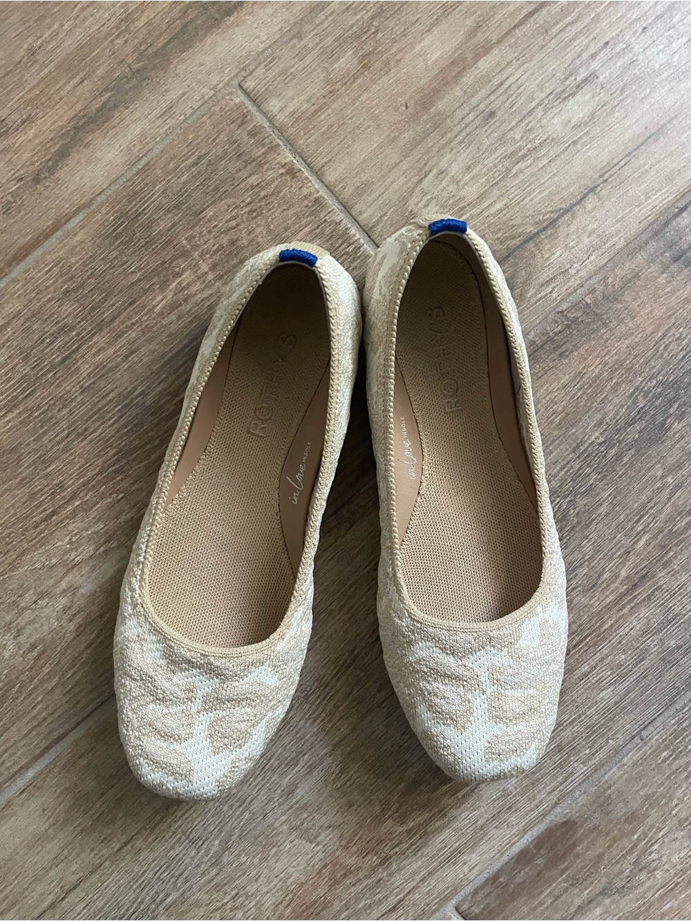 Rothy's Cream Beige Knit Ballet Flats with Blue Heel Tab